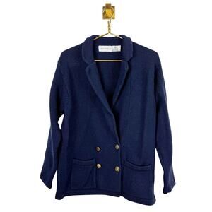 Vintage Navy Blue Double-Breasted Cardigan Sweater Wool Gold Buttons Sz L 38